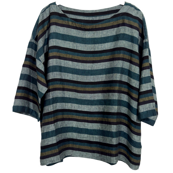 Eileen Fisher Sz L Teal Multi Stripe Organic Linen Top Bateau Neck EXCELLENT - Picture 1 of 6